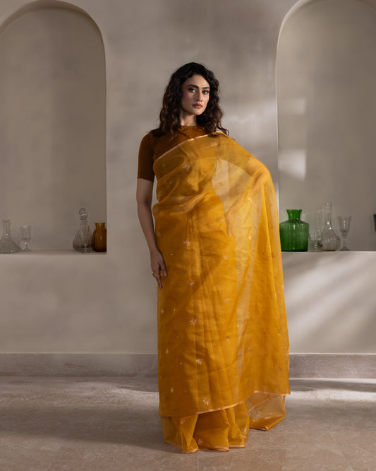 Yellow Pure Organza Silk Jamdani Handloom Saree