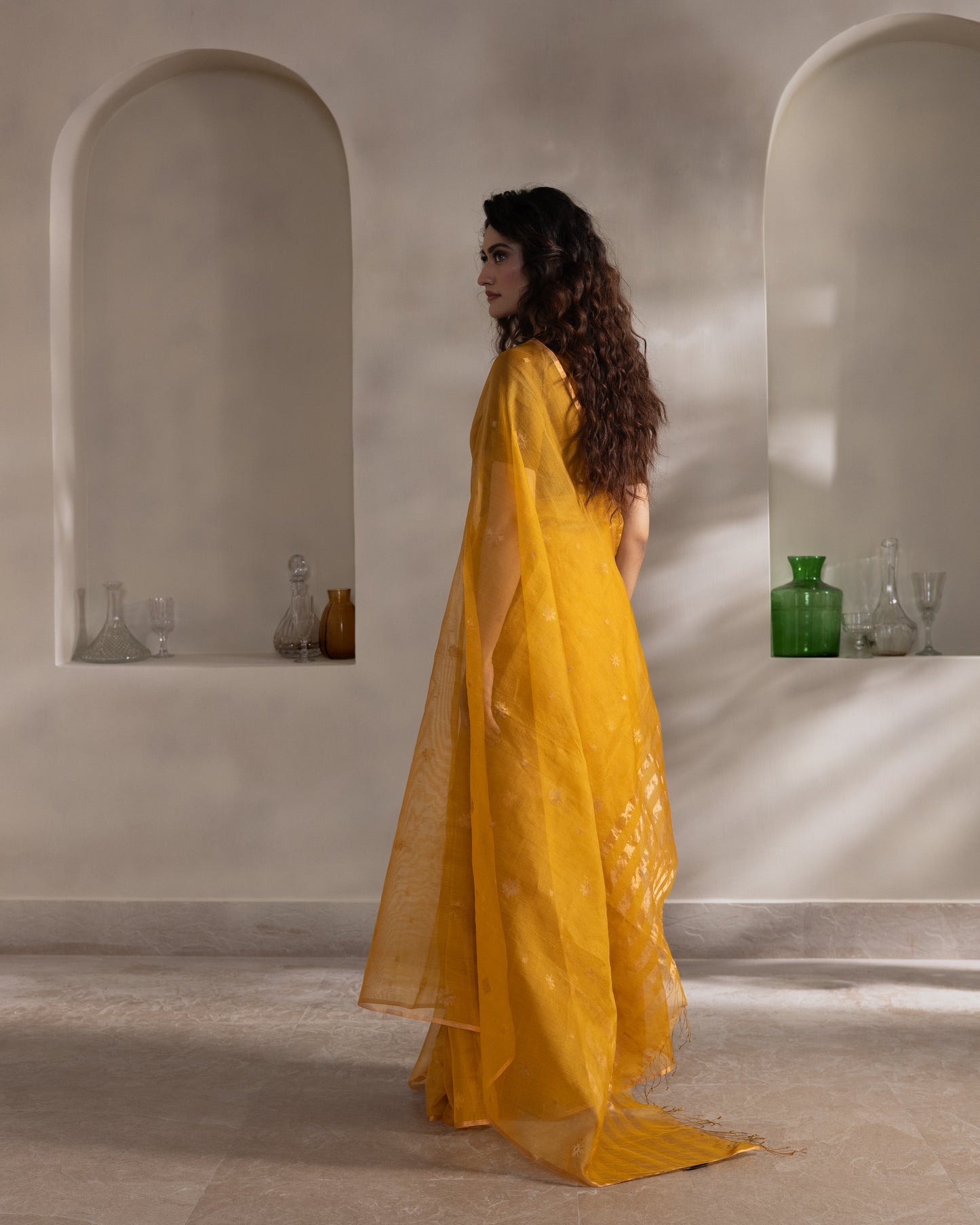 Yellow Pure Organza Silk Jamdani Handloom Saree