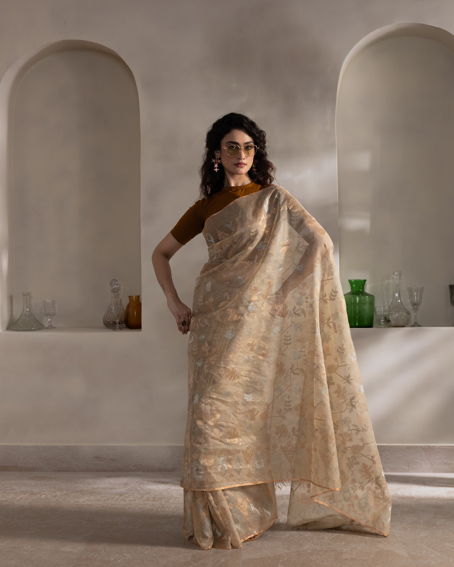 Beige Pure Organza Traditional Jamdani Saree