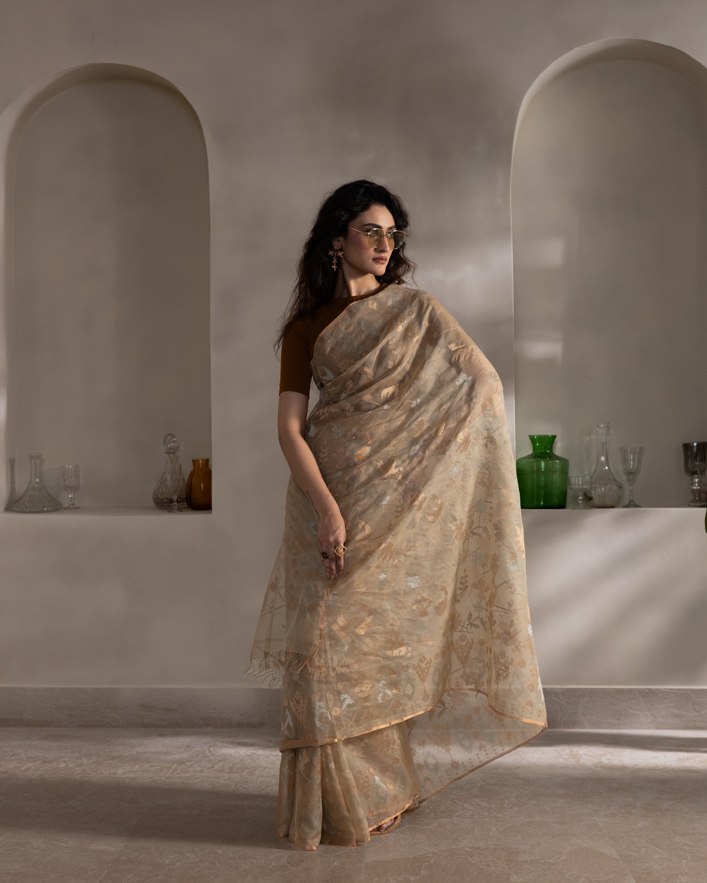 Beige Pure Organza Traditional Jamdani Saree