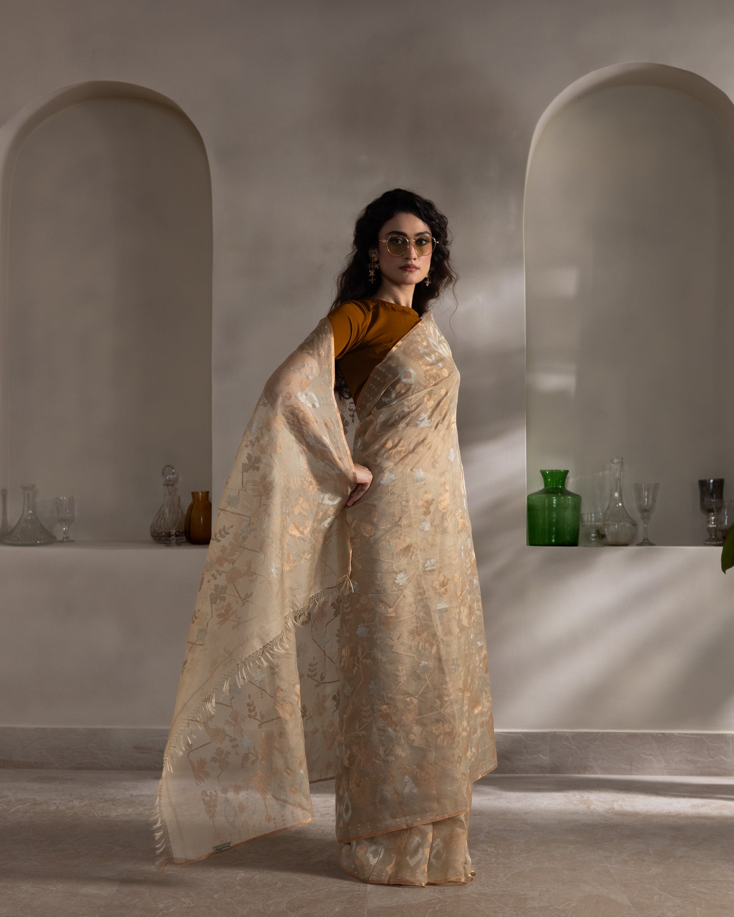 Beige Pure Organza Traditional Jamdani Saree
