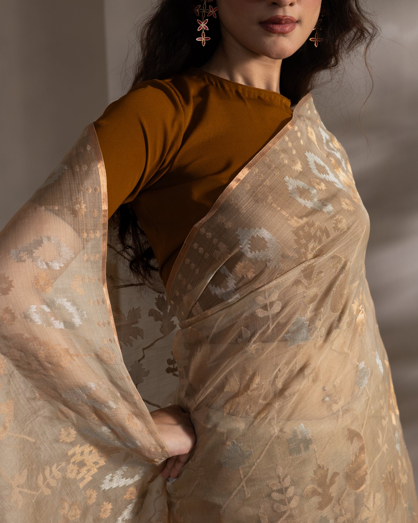 Beige Pure Organza Traditional Jamdani Saree