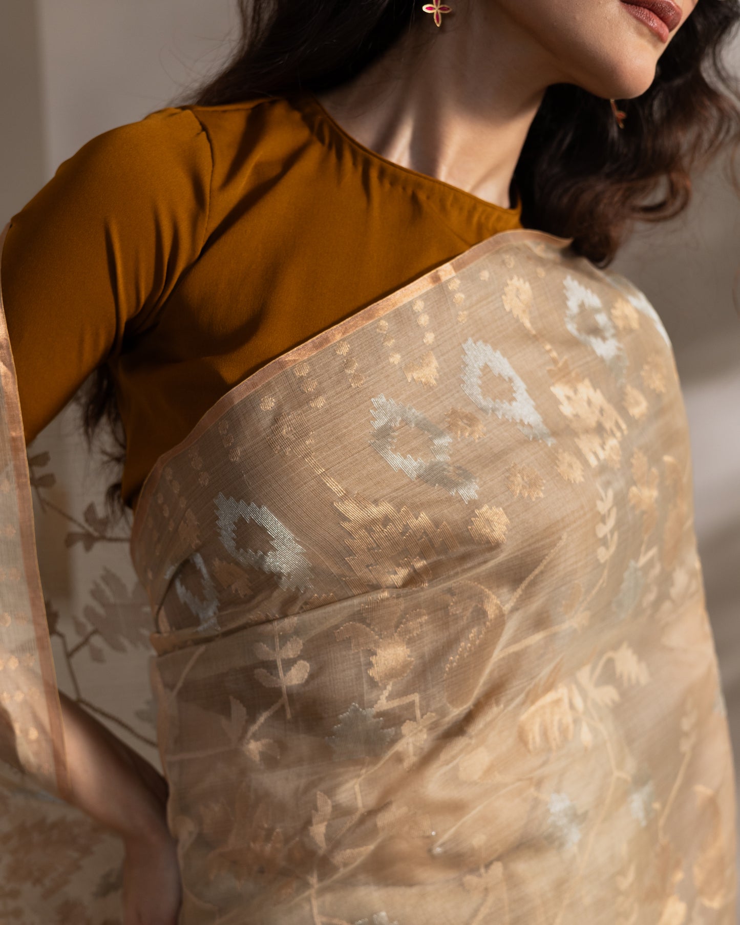 Beige Pure Organza Traditional Jamdani Saree