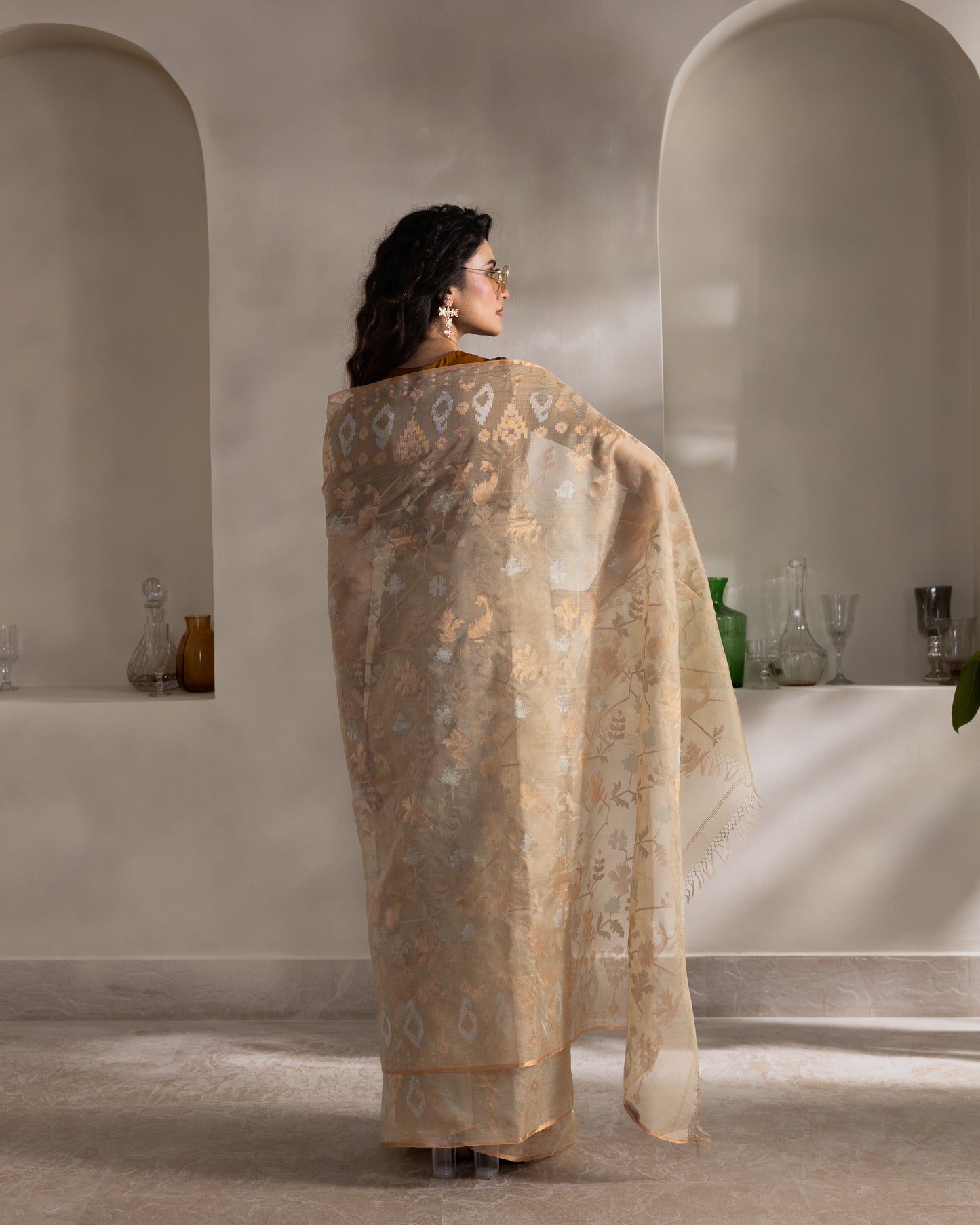 Beige Pure Organza Traditional Jamdani Saree