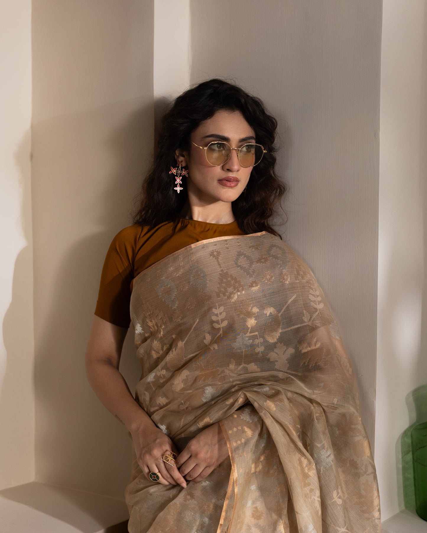 Beige Pure Organza Traditional Jamdani Saree