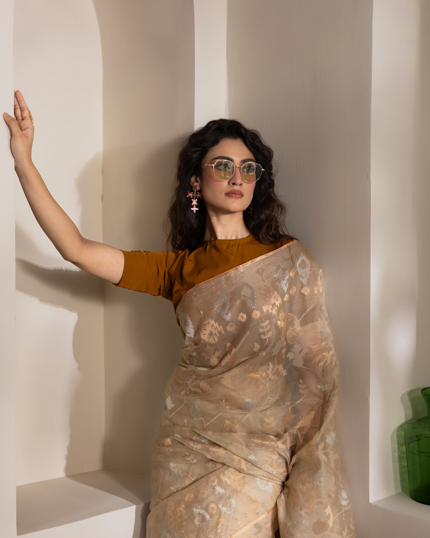 Beige Pure Organza Traditional Jamdani Saree