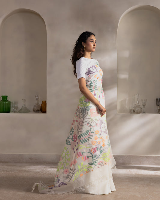 White Pure Organza Silk Jamdani Handloom Saree