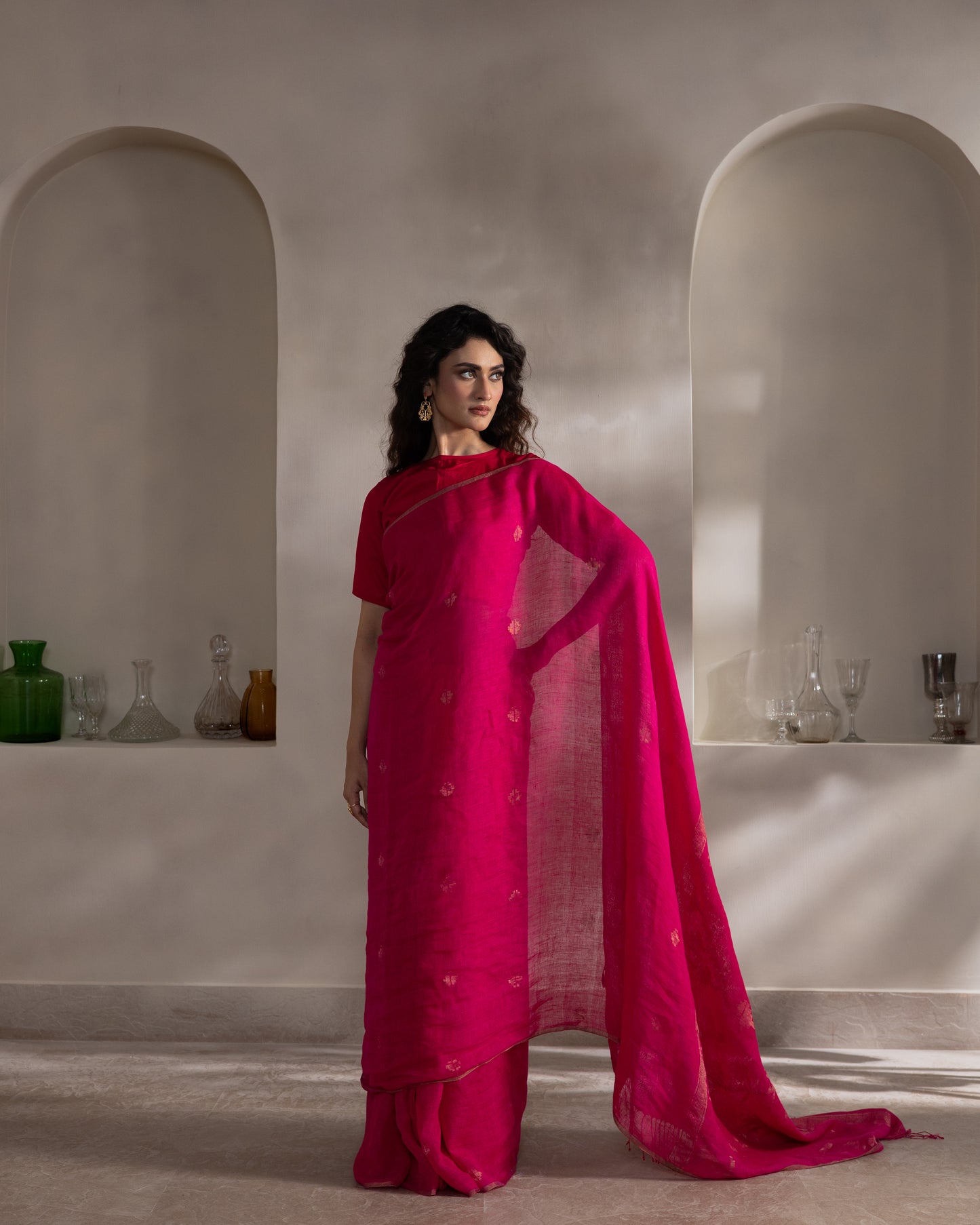 Fuchsia Pure Linen Jamdani Handloom Saree