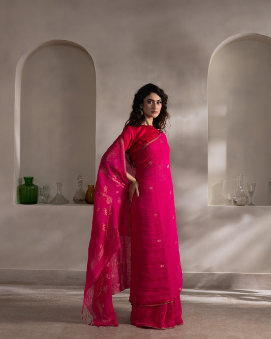 Fuchsia Pure Linen Jamdani Handloom Saree