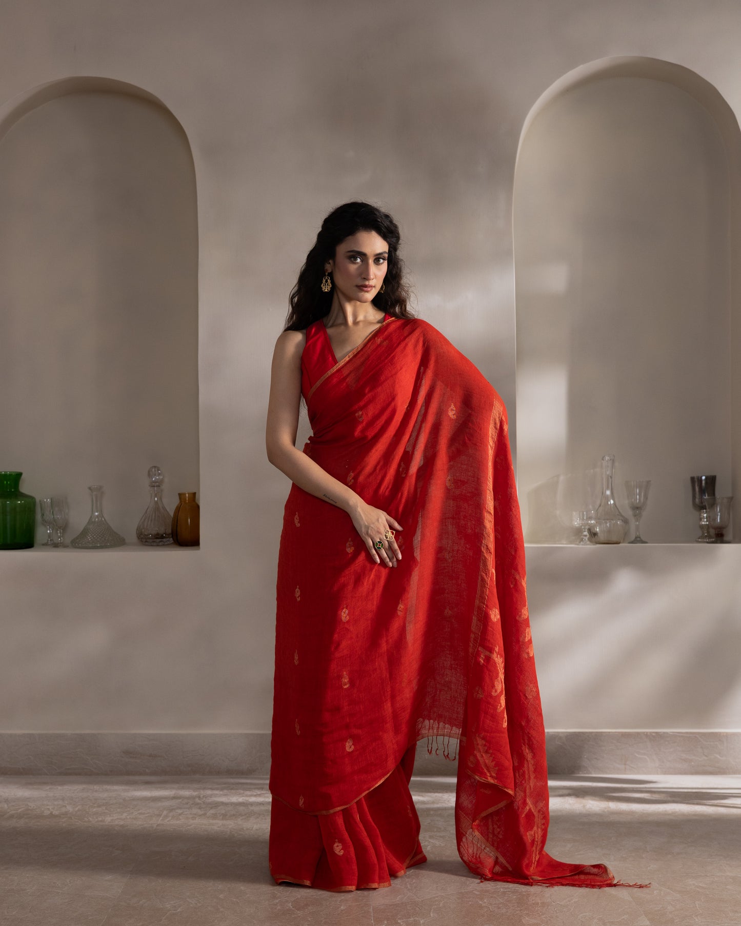 Red Pure Linen Jamdani Handloom Saree