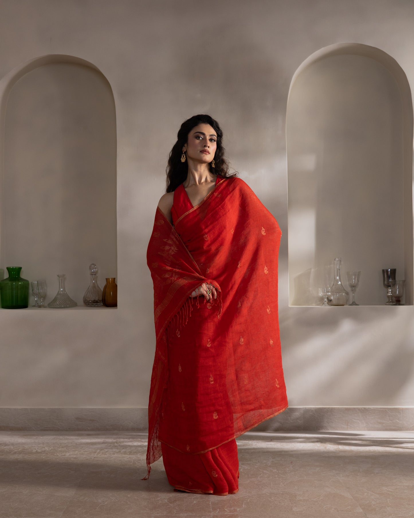 Red Pure Linen Jamdani Handloom Saree