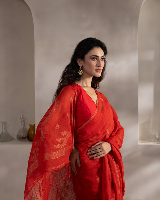 Red Pure Linen Jamdani Handloom Saree