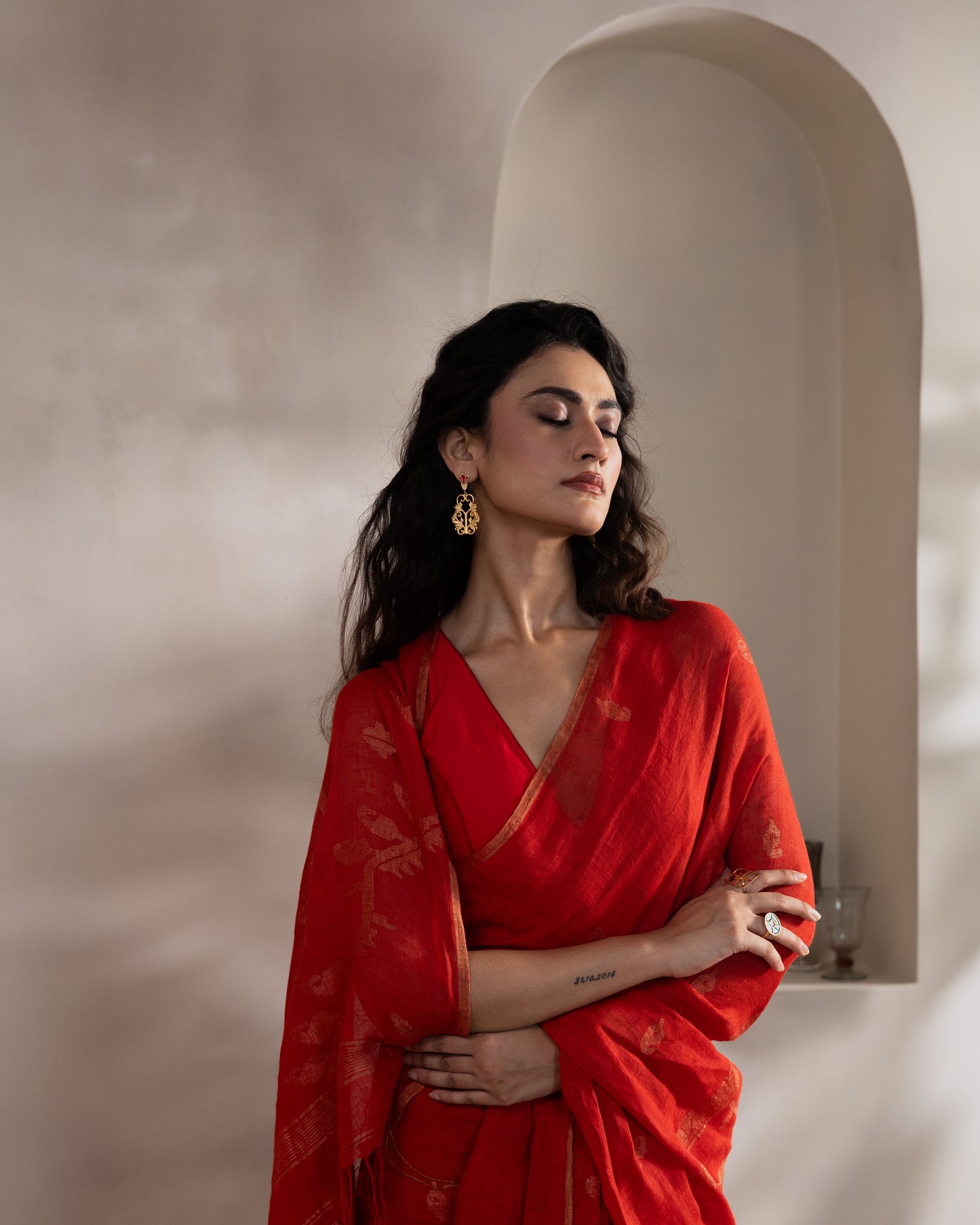 Red Pure Linen Jamdani Handloom Saree