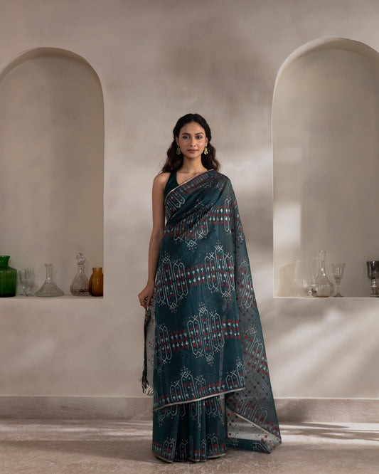 Teal Pure Organza Silk Jamdani Handloom Saree