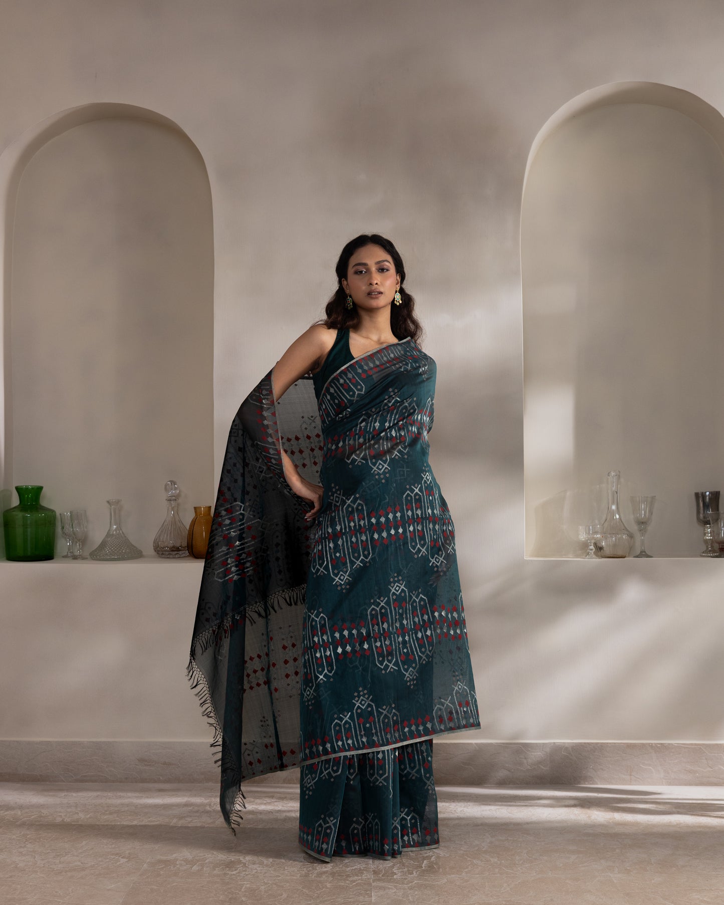 Teal Pure Organza Silk Jamdani Handloom Saree