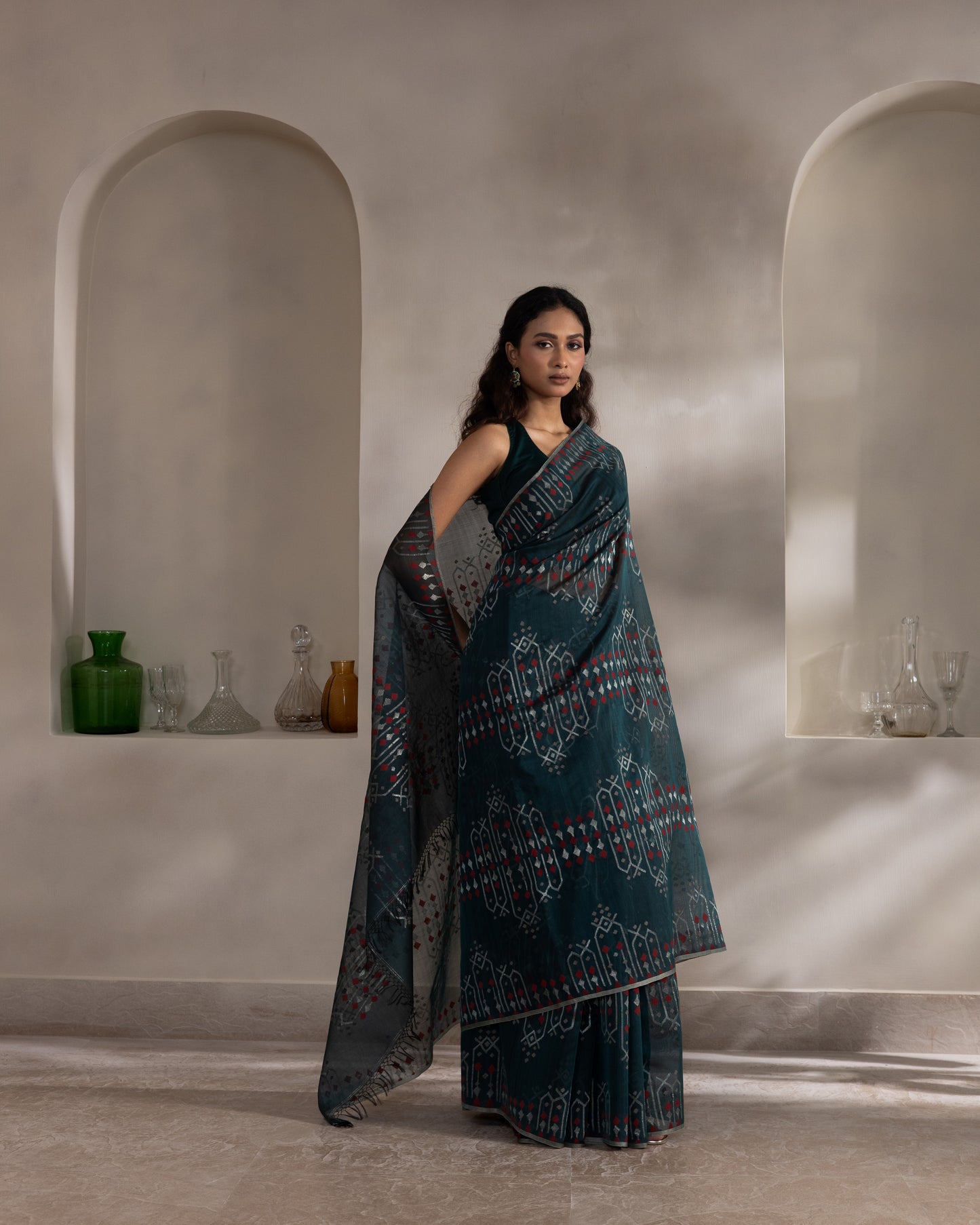 Teal Pure Organza Silk Jamdani Handloom Saree