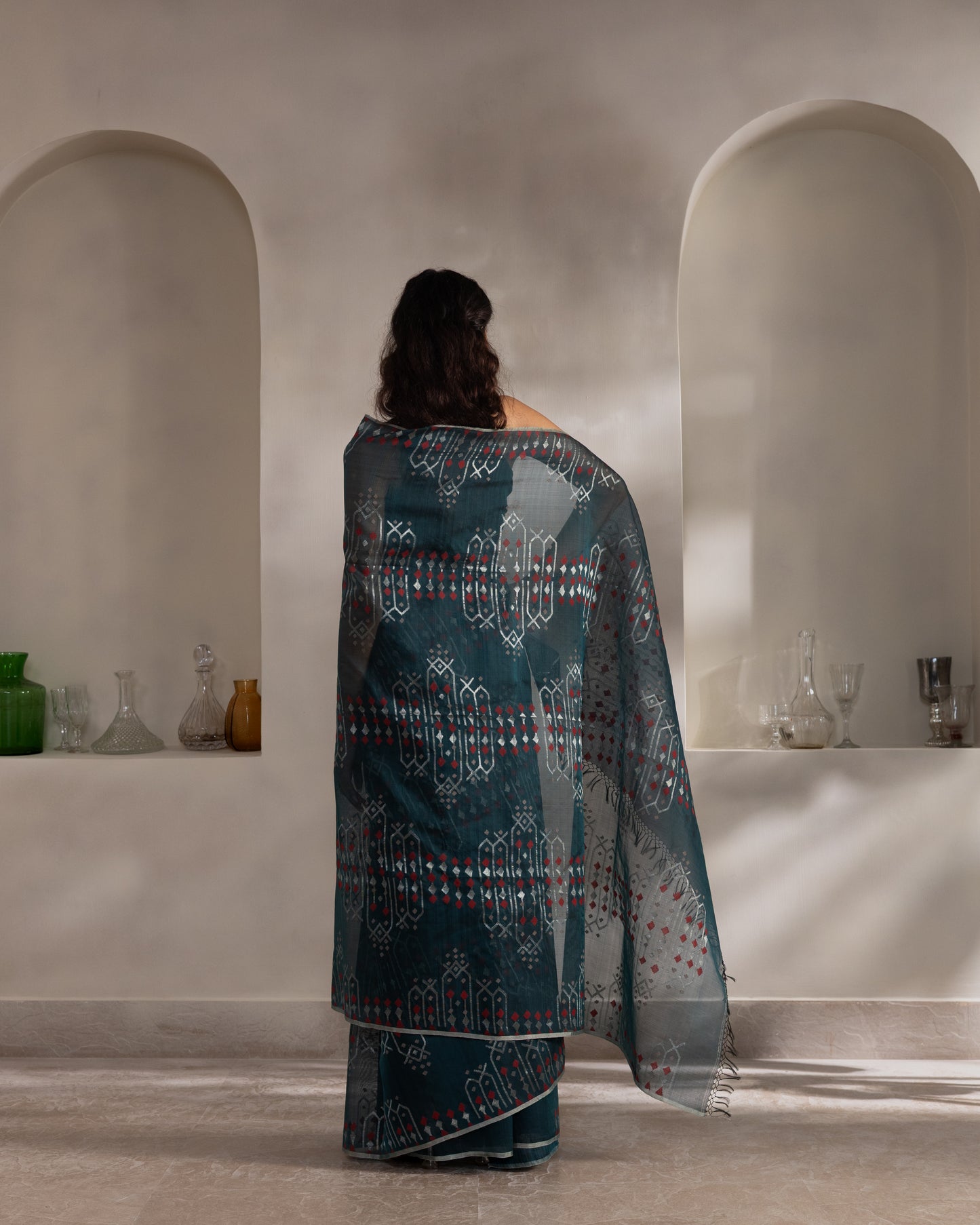 Teal Pure Organza Silk Jamdani Handloom Saree