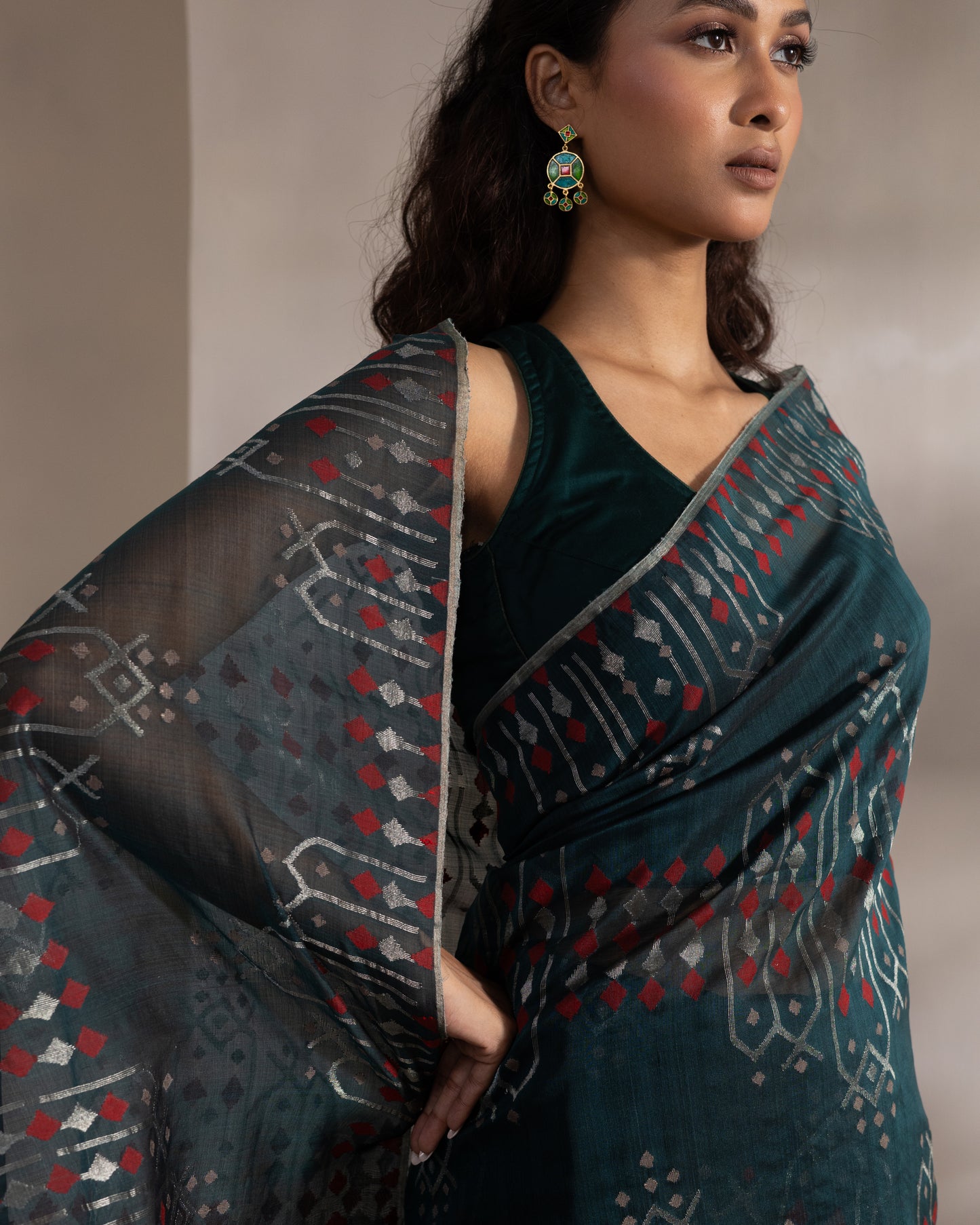 Teal Pure Organza Silk Jamdani Handloom Saree
