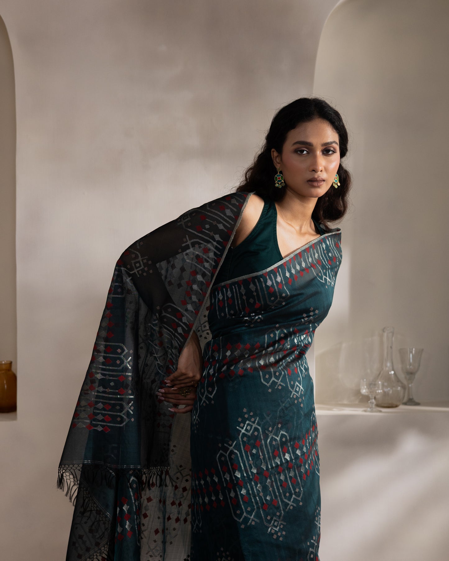 Teal Pure Organza Silk Jamdani Handloom Saree