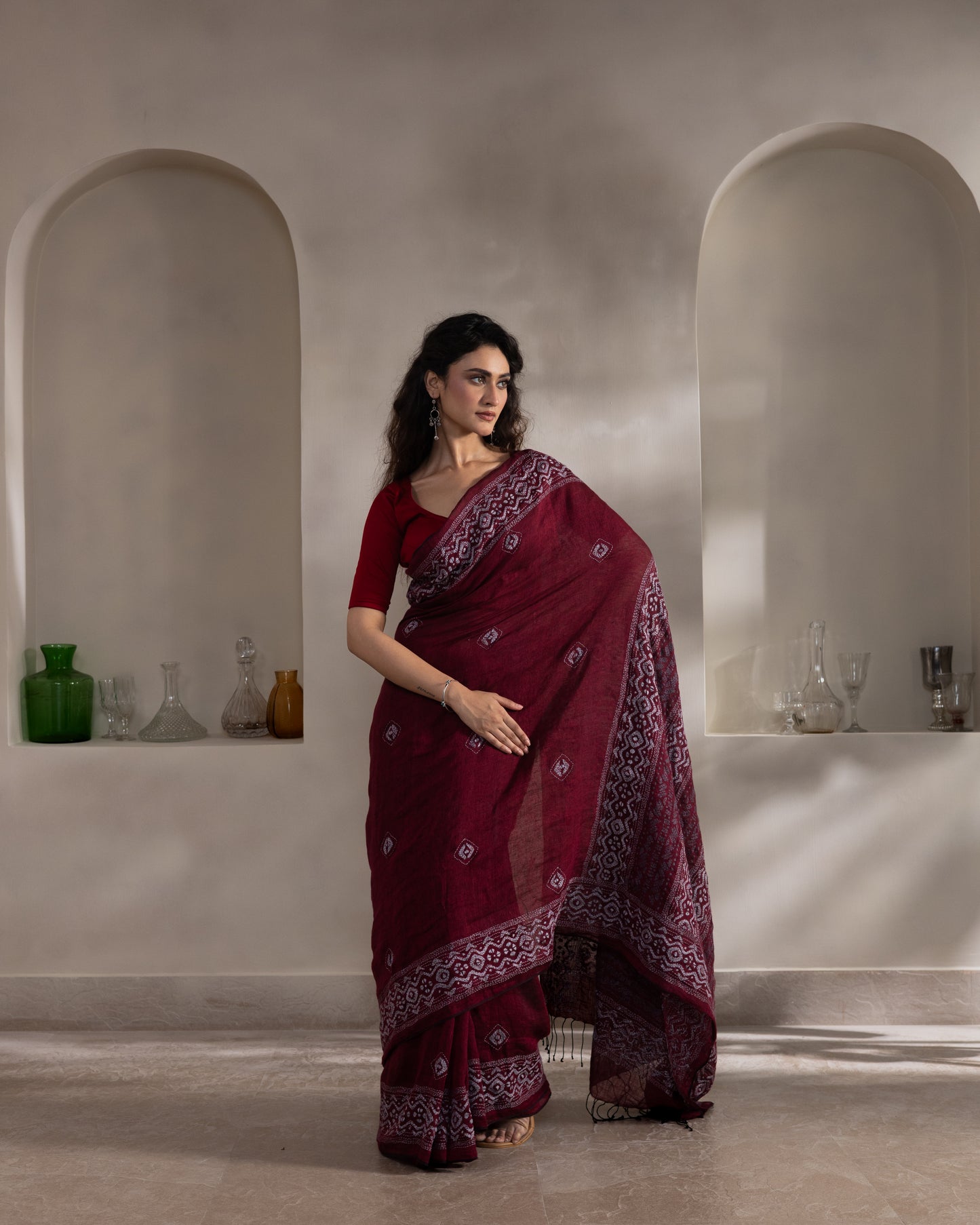Maroon Kantha Pure Linen  Handloom Saree