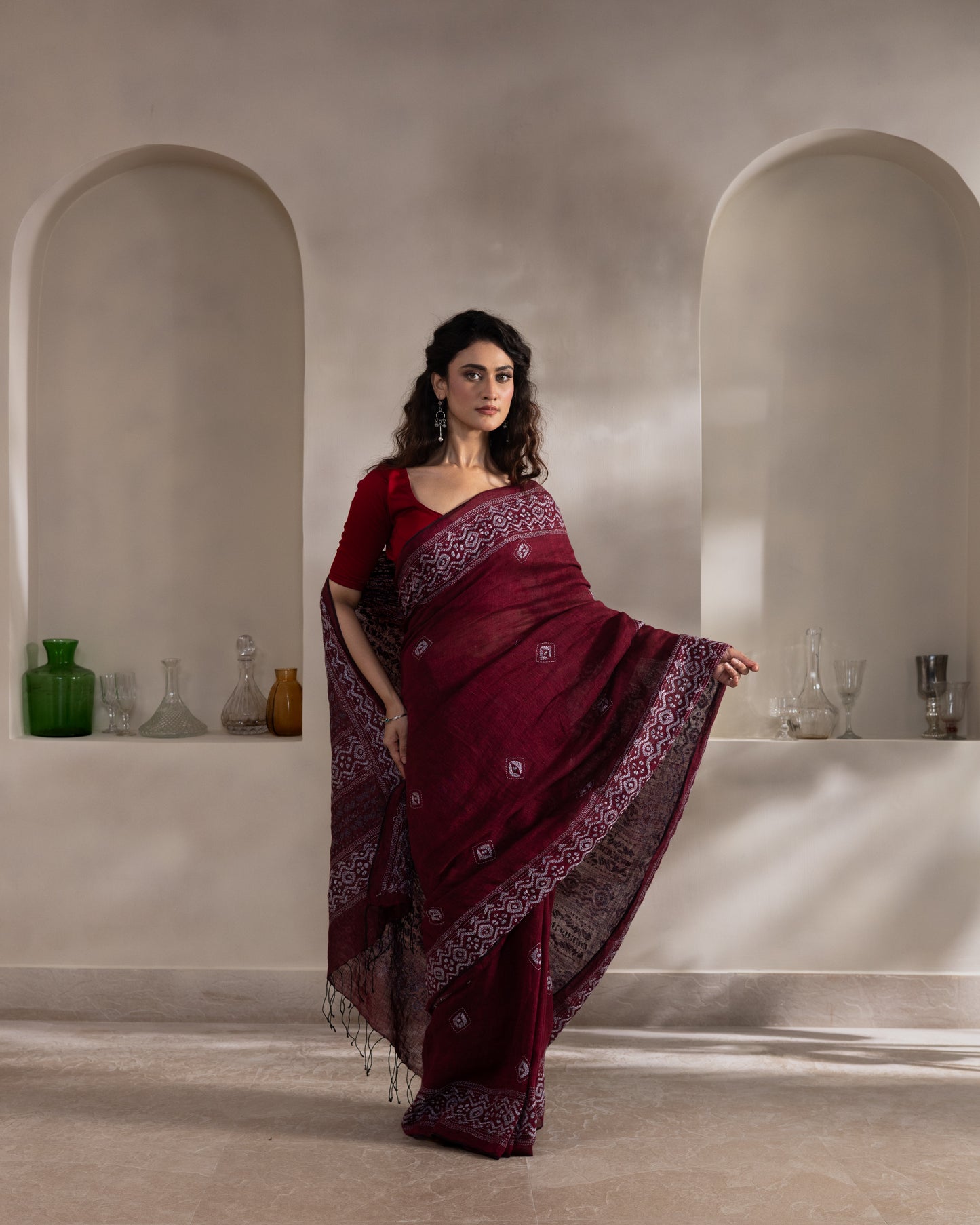 Maroon Kantha Pure Linen  Handloom Saree