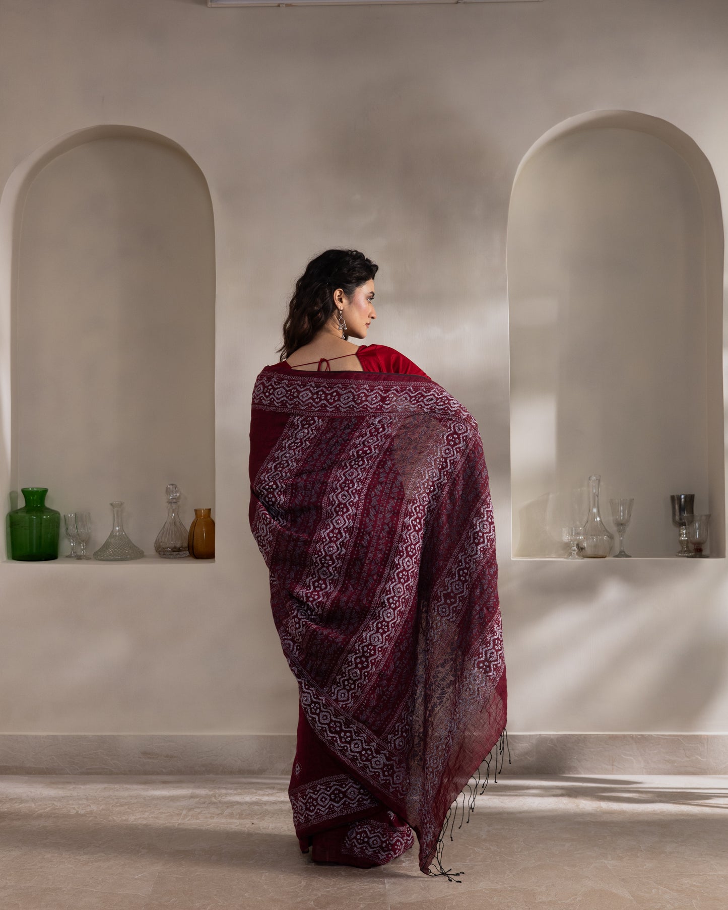 Maroon Kantha Pure Linen  Handloom Saree