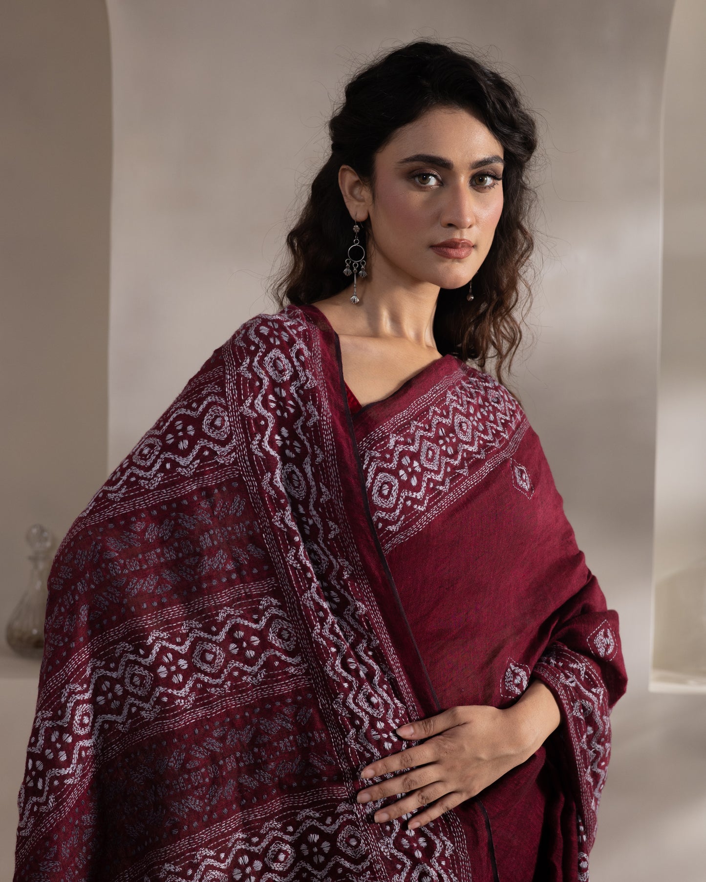 Maroon Kantha Pure Linen  Handloom Saree