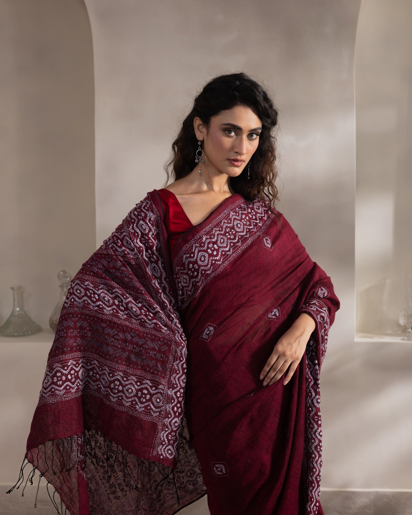Maroon Kantha Pure Linen  Handloom Saree