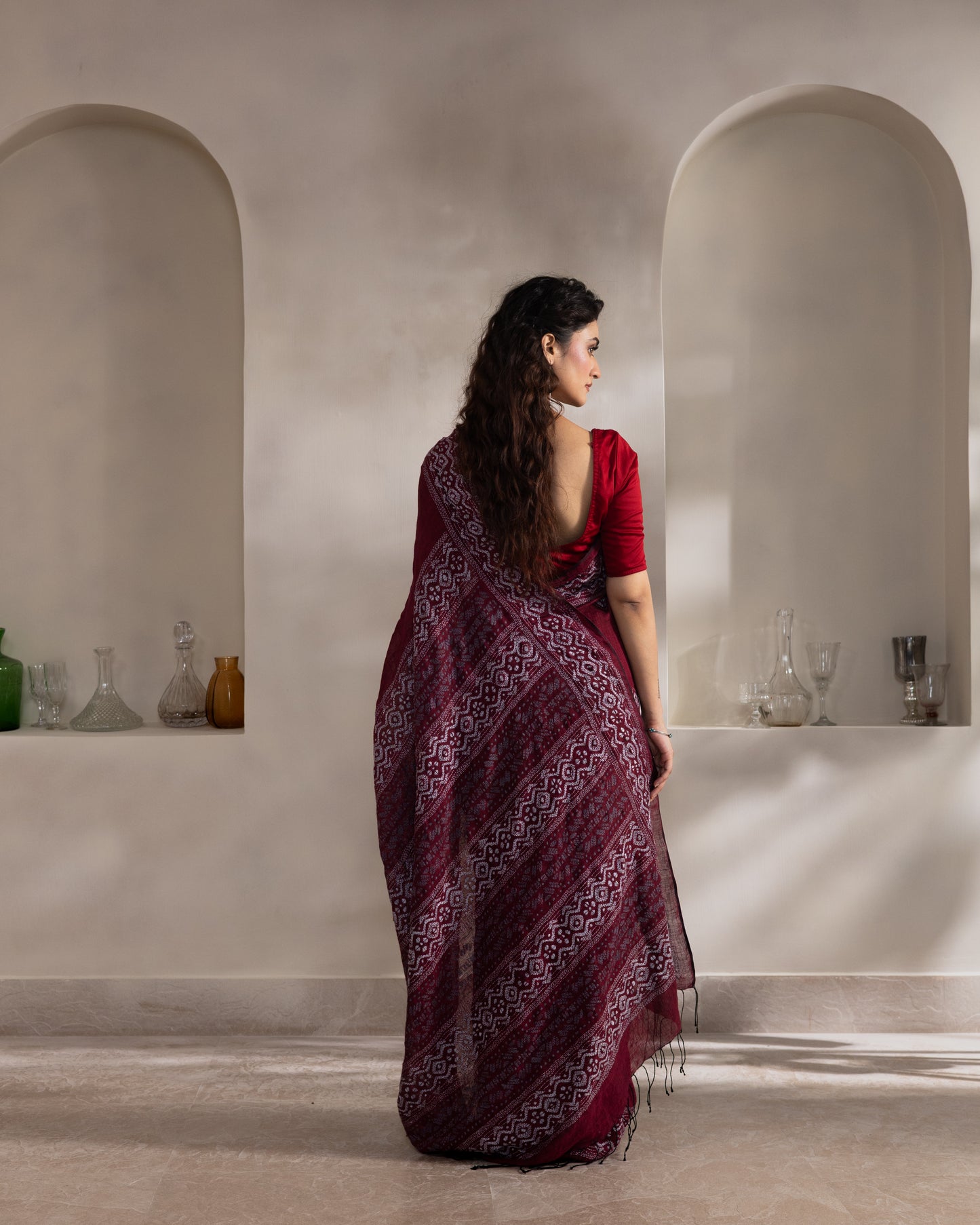 Maroon Kantha Pure Linen  Handloom Saree