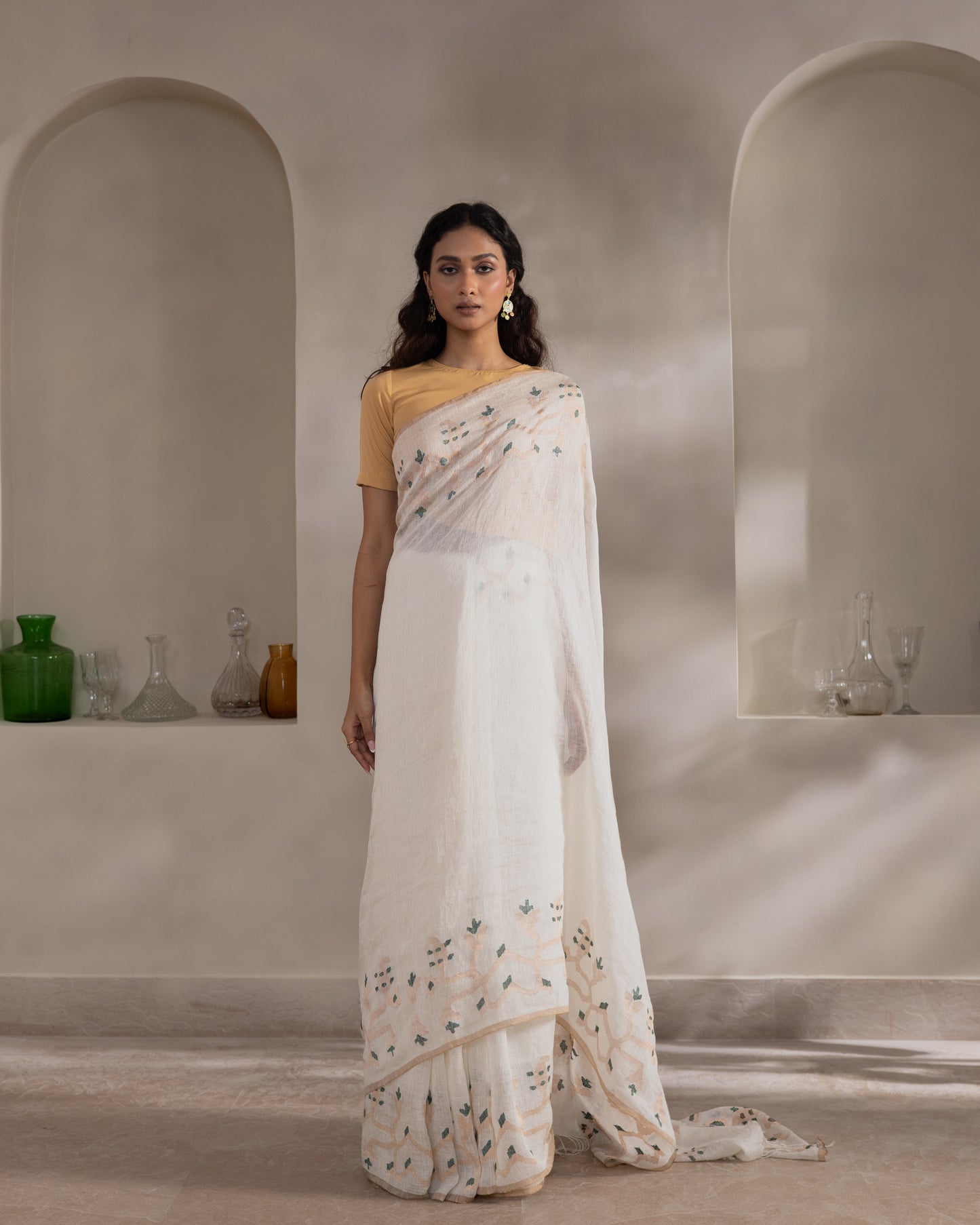 White Pure Linen Traditional Jamdani Handloom Saree