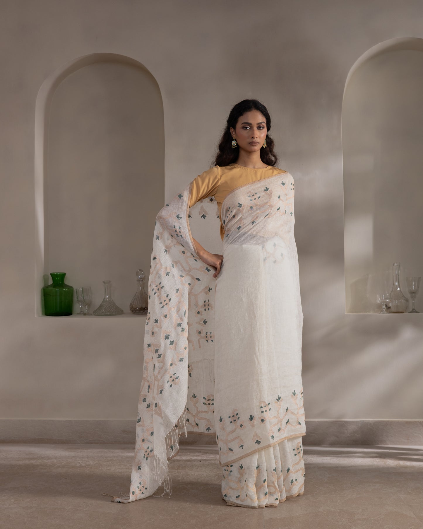 White Pure Linen Traditional Jamdani Handloom Saree