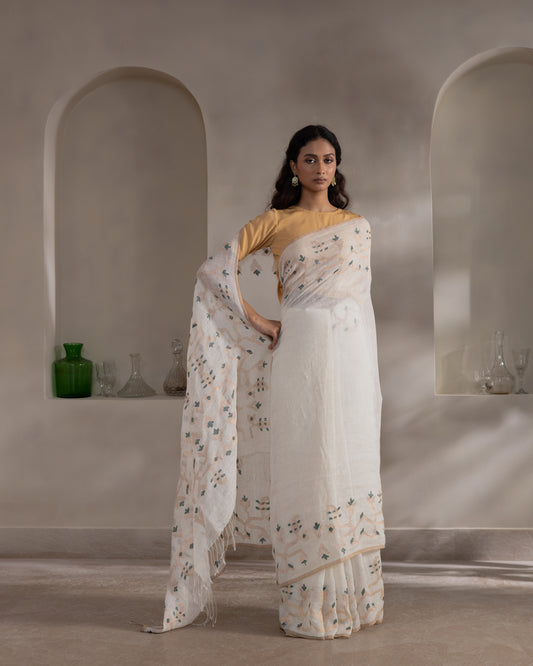 White Pure Linen Traditional Jamdani Handloom Saree