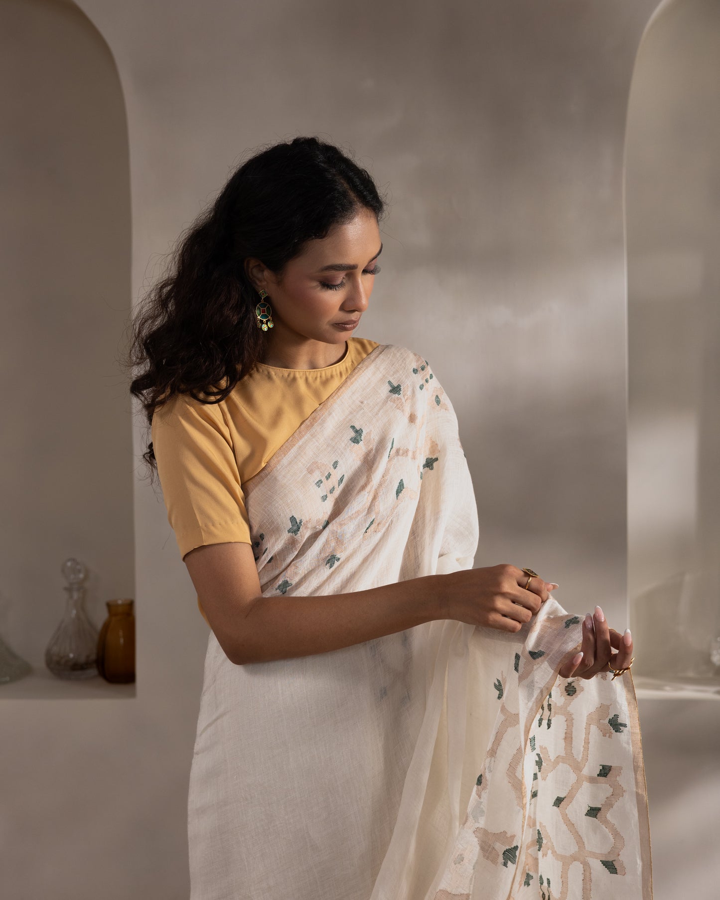 White Pure Linen Traditional Jamdani Handloom Saree