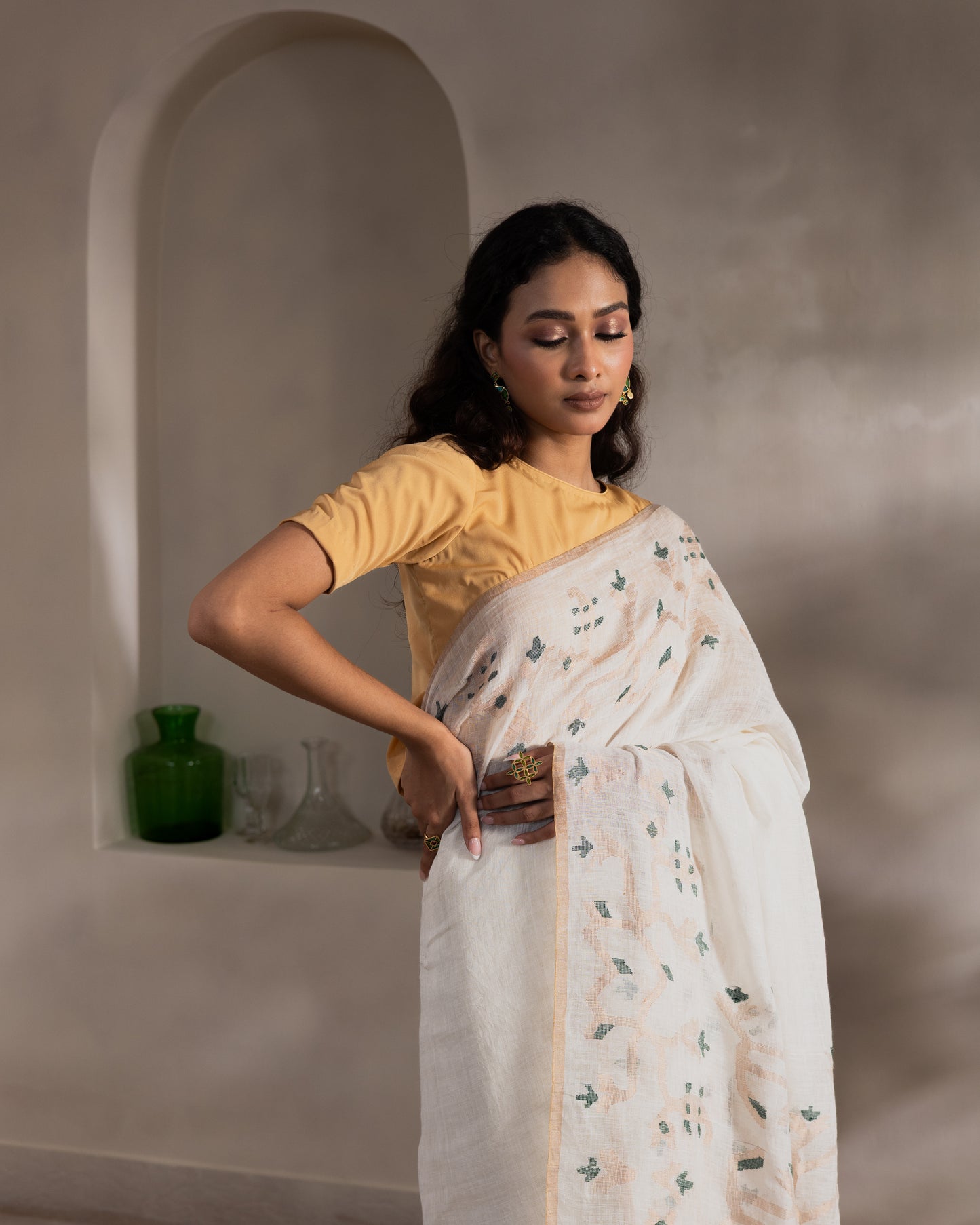 White Pure Linen Traditional Jamdani Handloom Saree