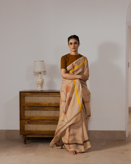 Brown Pure Linen Jamdani Handloom Saree