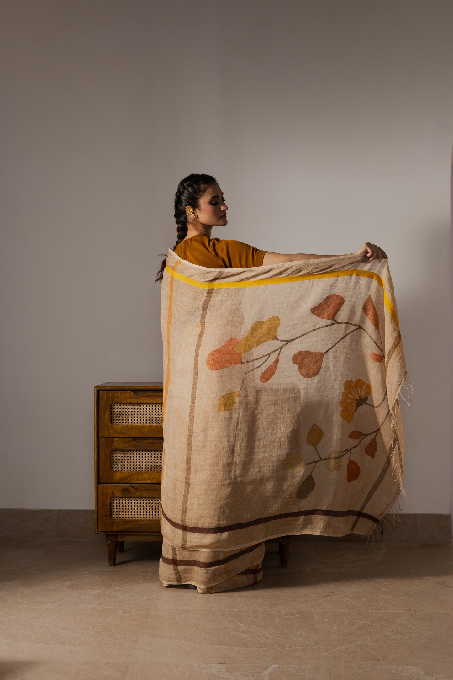 Brown Pure Linen Jamdani Handloom Saree