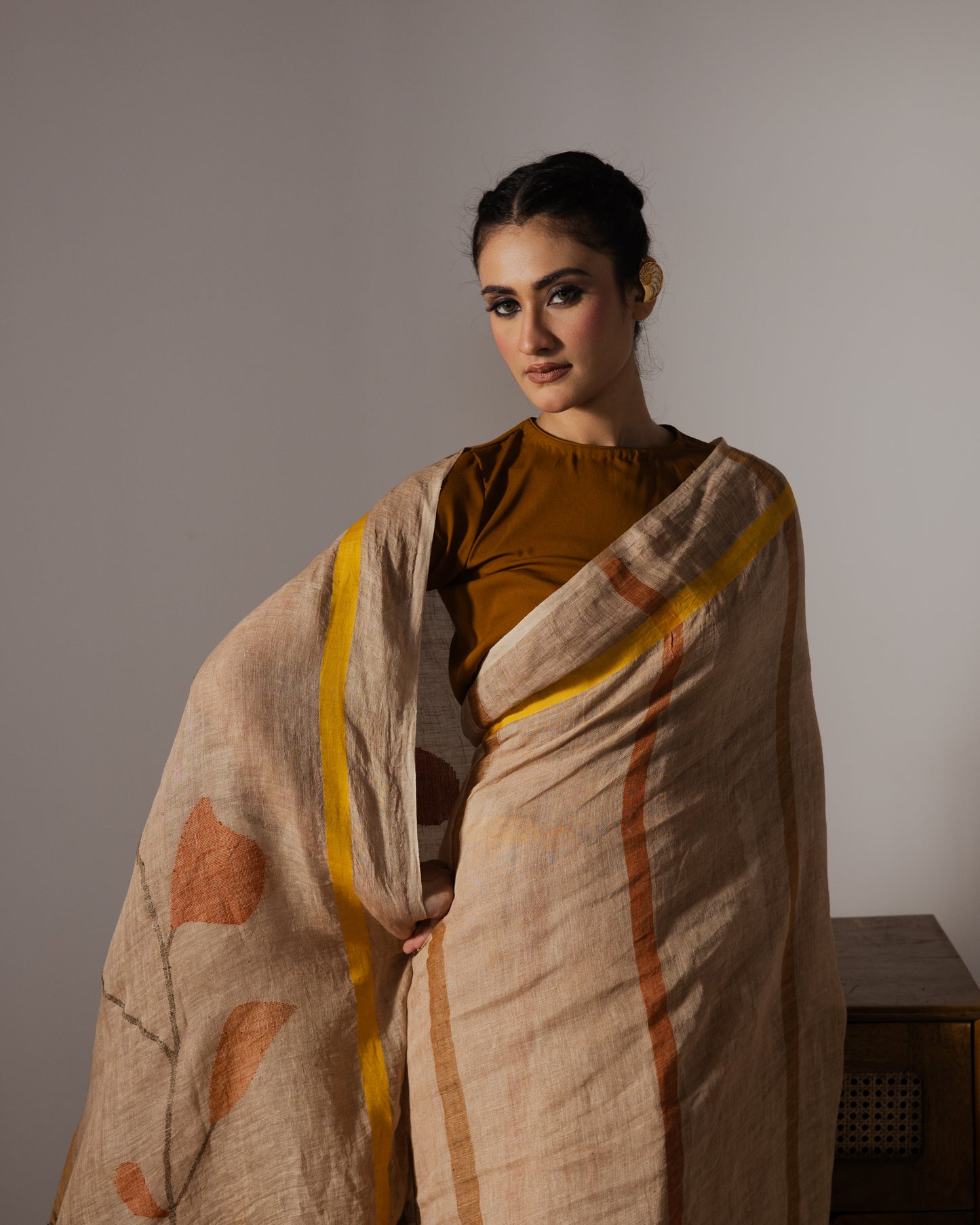 Brown Pure Linen Jamdani Handloom Saree