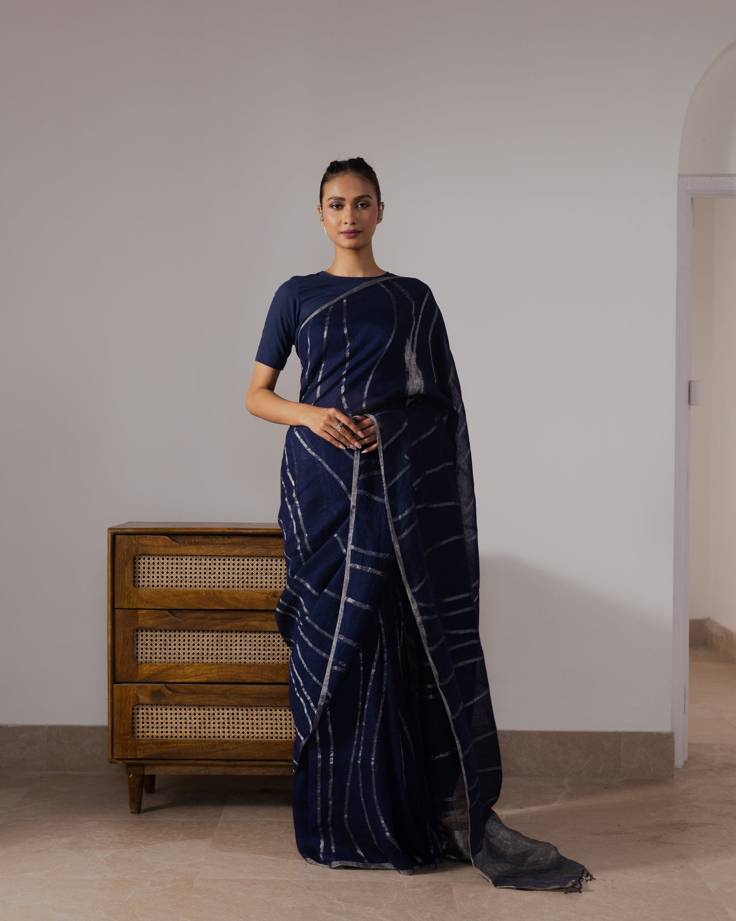 Blue Pure Linen Jamdani Handloom Saree