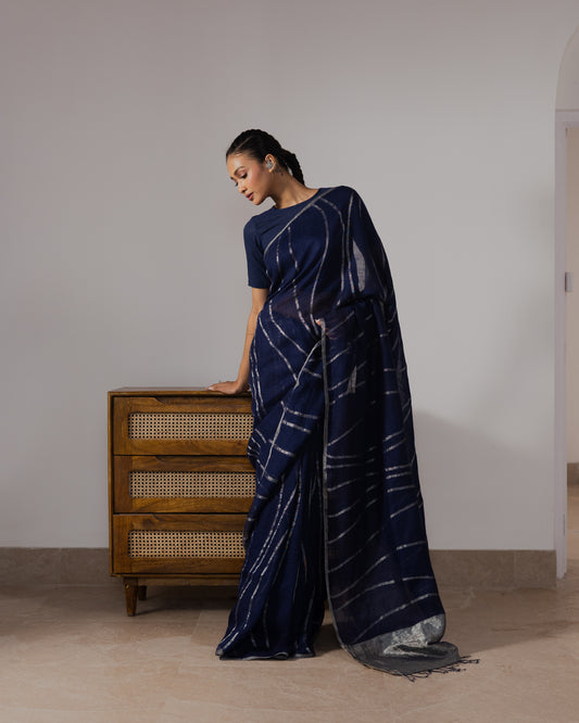 Blue Pure Linen Jamdani Handloom Saree