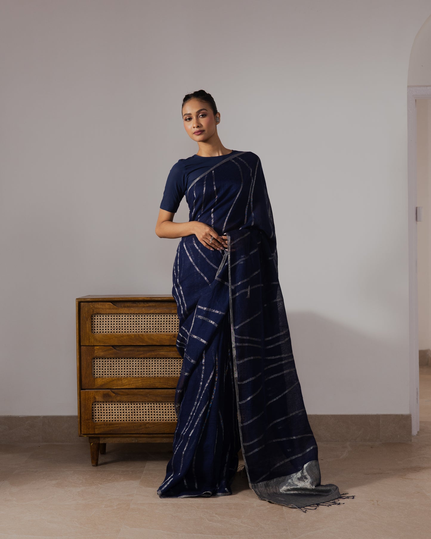 Blue Pure Linen Jamdani Handloom Saree