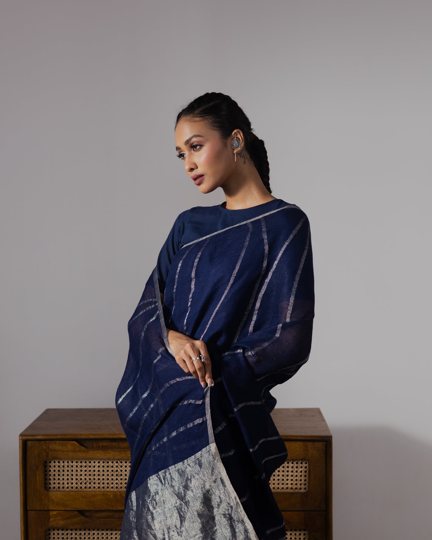 Blue Pure Linen Jamdani Handloom Saree