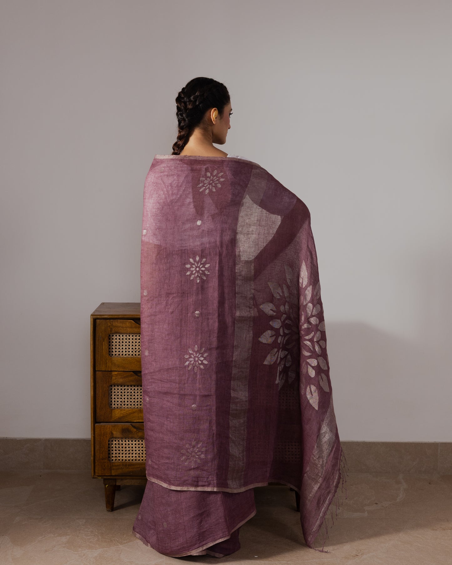 Mauve Pure Linen Jamdani Handloom Saree