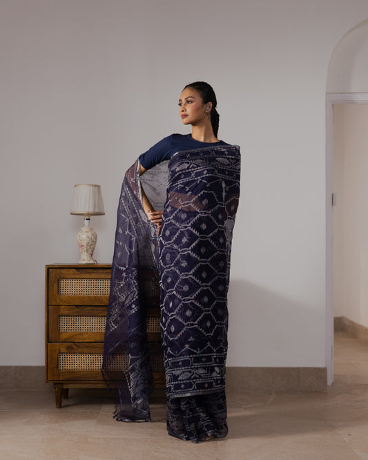 Blue Pure Organza Silk  Traditional Jamdani Saree