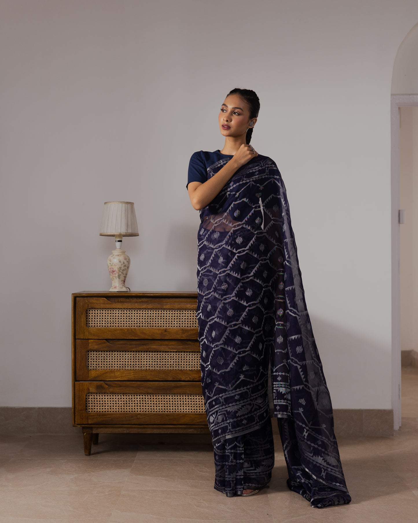 Blue Pure Organza Silk  Traditional Jamdani Saree