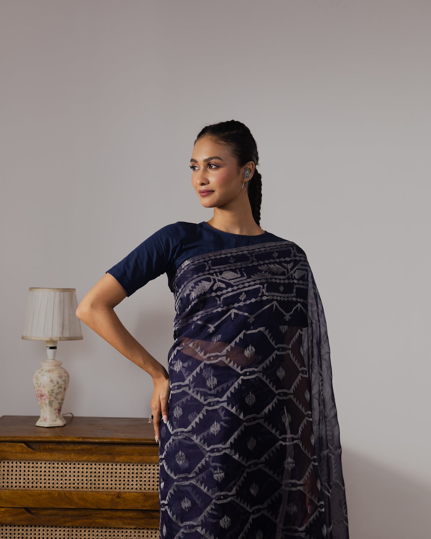 Blue Pure Organza Silk  Traditional Jamdani Saree