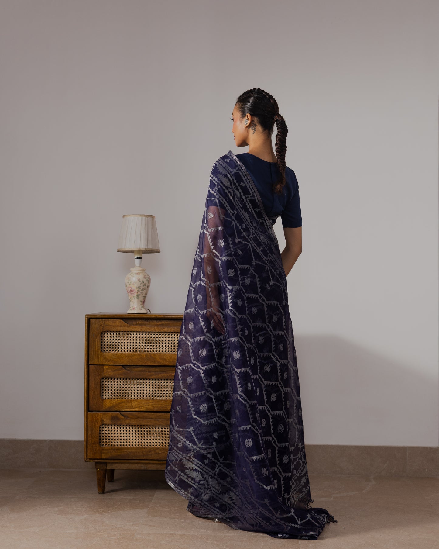 Blue Pure Organza Silk  Traditional Jamdani Saree