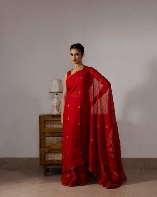 Red Pure Linen Jamdani Handloom Saree