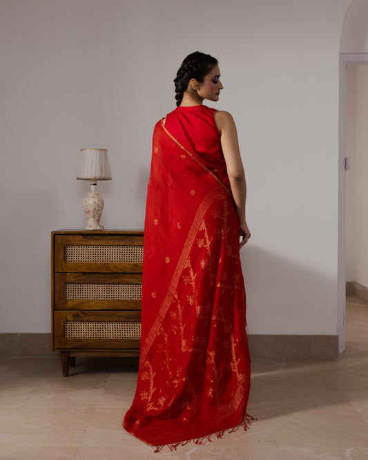 Red Pure Linen Jamdani Handloom Saree