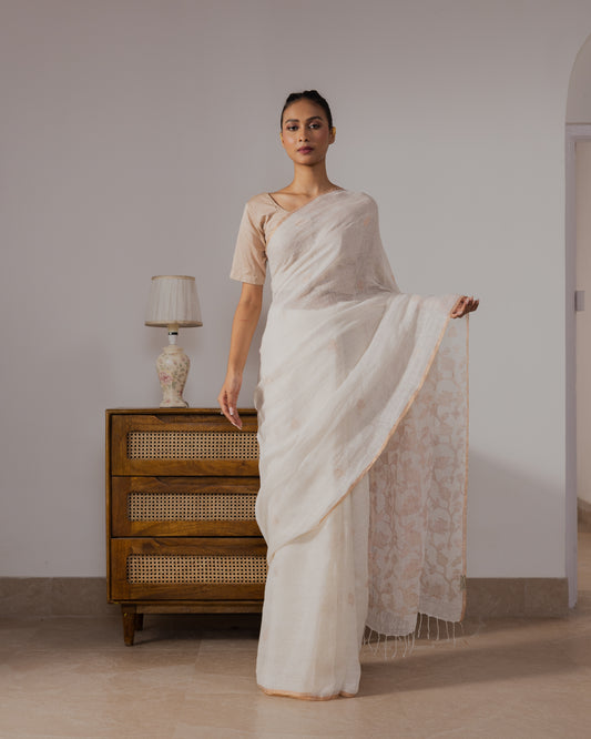 White Pure Linen Traditional Jamdani Saree