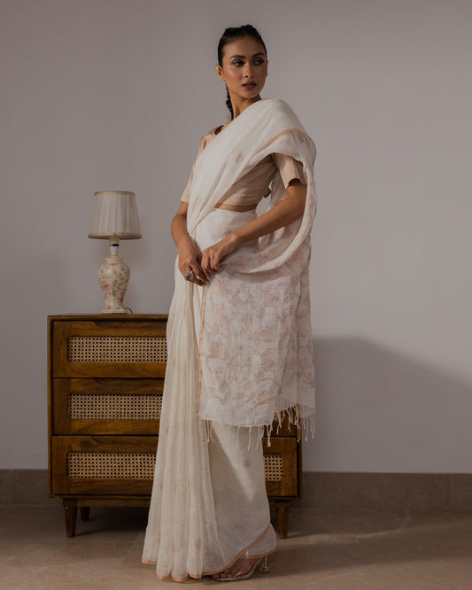 White Pure Linen Traditional Jamdani Saree